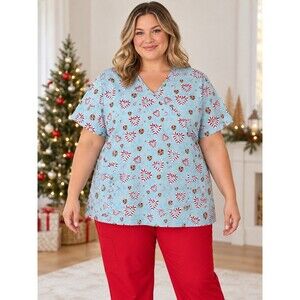 Wear For Care Womens 3X Blue Wrap Scrub Top Tie Closure Candy Cane Heart Print